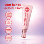 Onyx Professional hand cream tube centered on a pink and purple gradient background with icons stating moisture, softness, protection, and nourishment, along with the text ‘your hands deserve it most.’