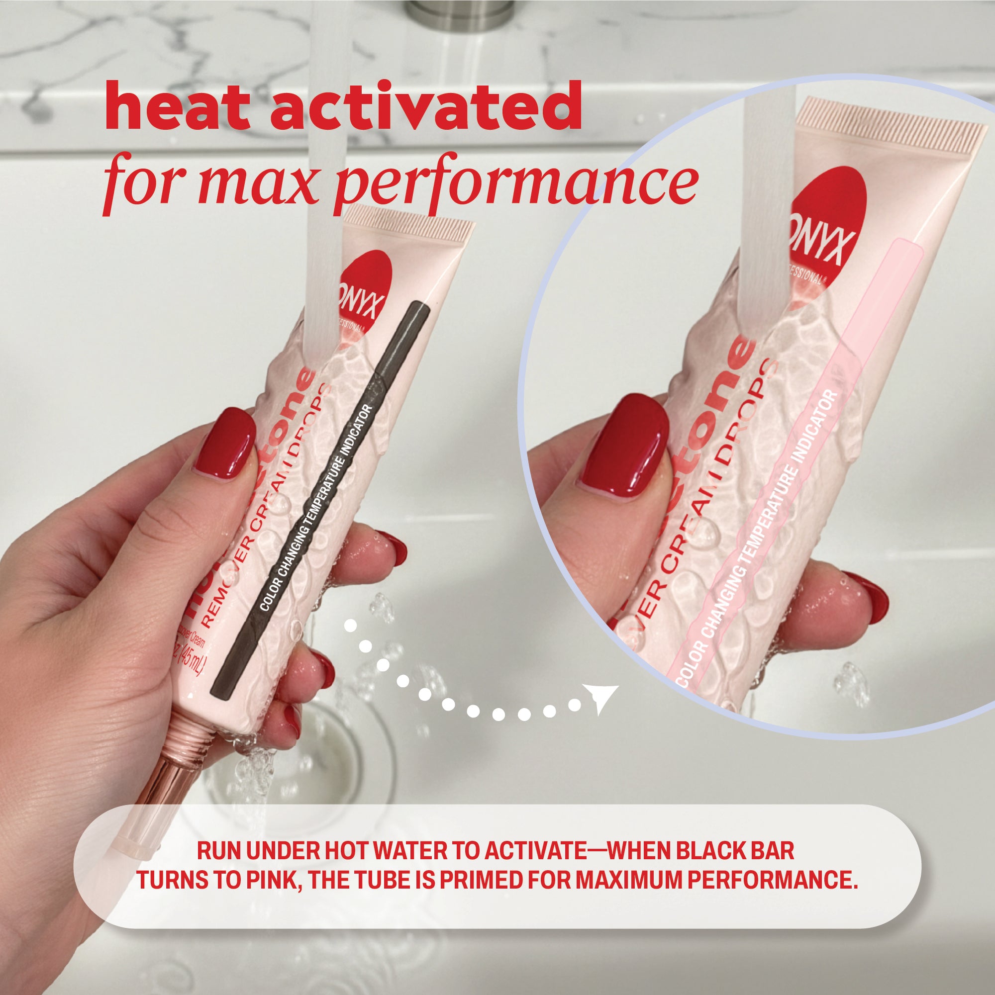 Two hands holding an Onyx Professional hand cream tube with text reading ‘heat activated for max performance,’ shown on a soft pink background.
