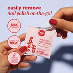 Header text reads “easily remove nail polish on‑the‑go!” and icons reading “max strength,” “great for travel,” and “animal test‑free vegan.”