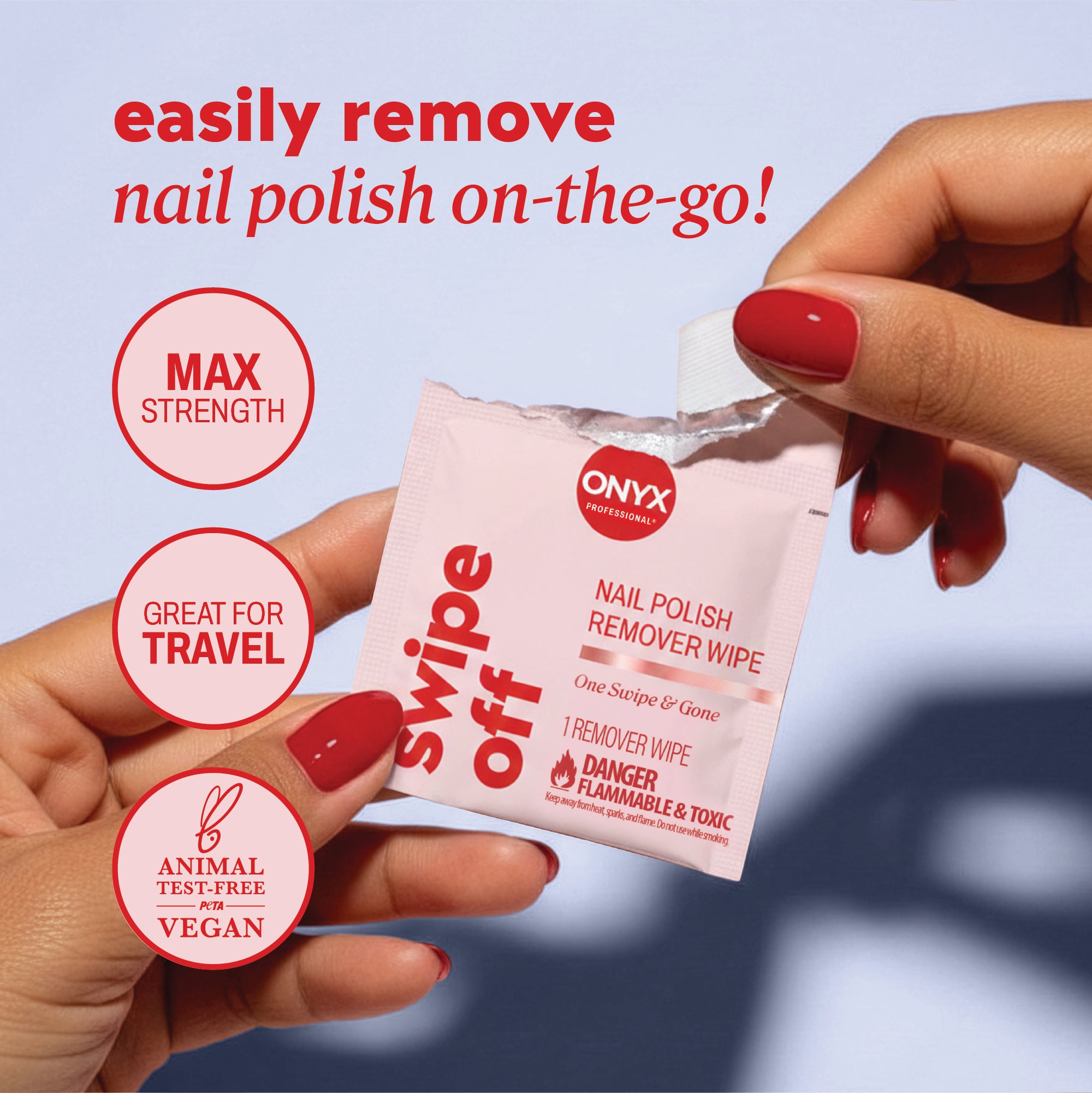 Header text reads “easily remove nail polish on‑the‑go!” and icons reading “max strength,” “great for travel,” and “animal test‑free vegan.”