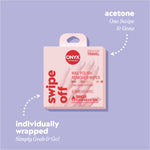 Swipe Off nail polish remover wipes packaging with callouts reading “acetone — one swipe & gone” and “individually wrapped — simply grab & go.”
