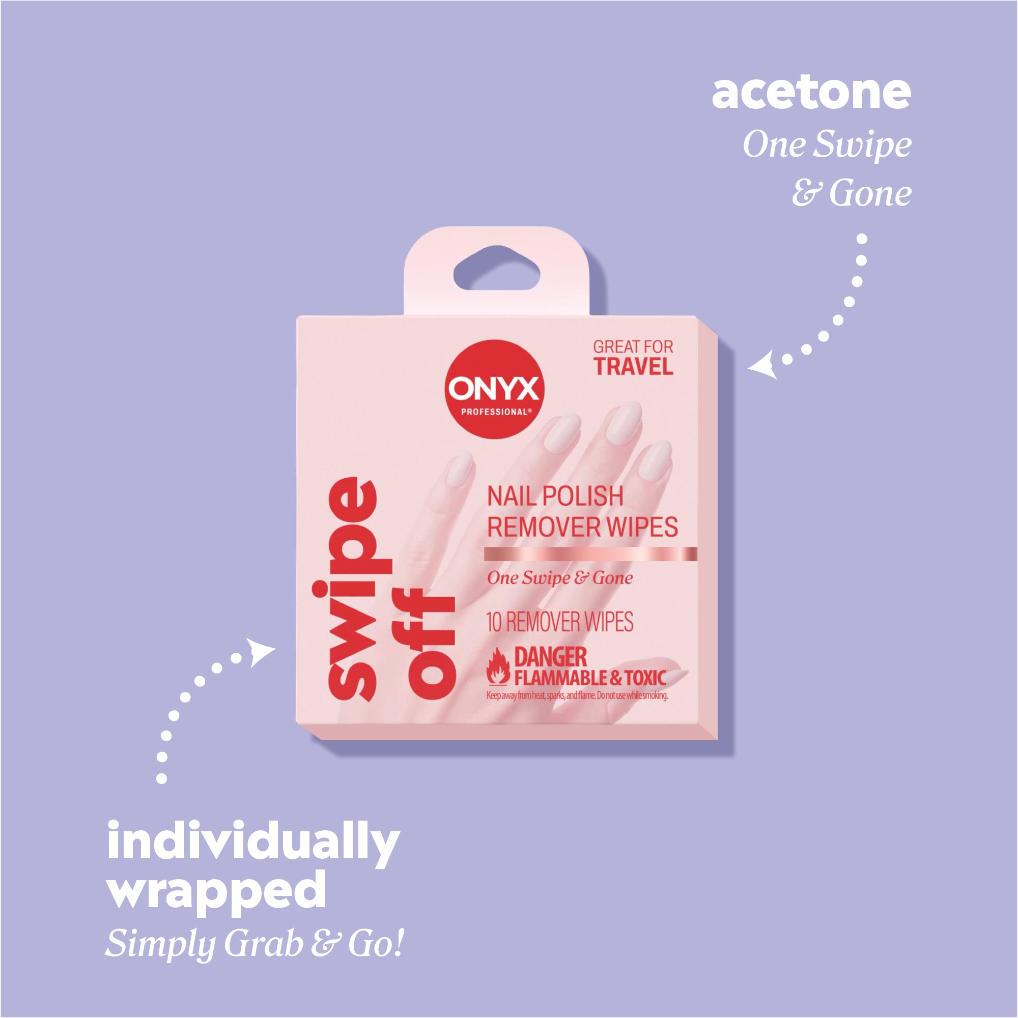 Swipe Off nail polish remover wipes packaging with callouts reading “acetone — one swipe & gone” and “individually wrapped — simply grab & go.”