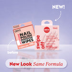 Old nail polish remover wipes next to new Swipe Off packaging with labels “before,” “NEW!,” and “New Look Same Formula.”