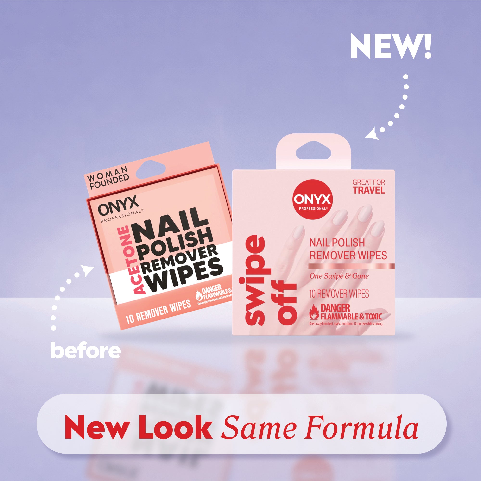 Old nail polish remover wipes next to new Swipe Off packaging with labels “before,” “NEW!,” and “New Look Same Formula.”