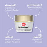 Ingredient callouts reading “vitamin E — helps prevent splitting & peeling,” “provitamin B — reduces brittleness,” “retinol — known to stimulate collagen production,” and “silk protein — helps prevent breakage.”