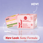 Old and new Hard as Hoof strengthening nail cream boxes with labels reading “before,” “NEW!,” and “New Look Same Formula.”