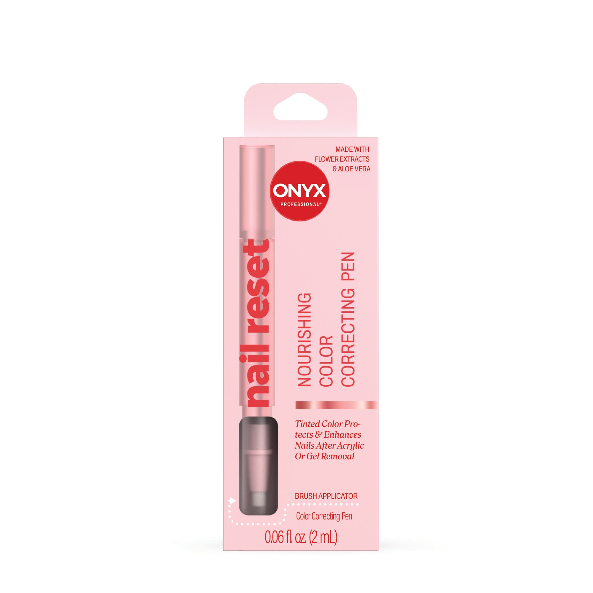 Pink packaging of ONYX nail reset color correcting pen on a white background