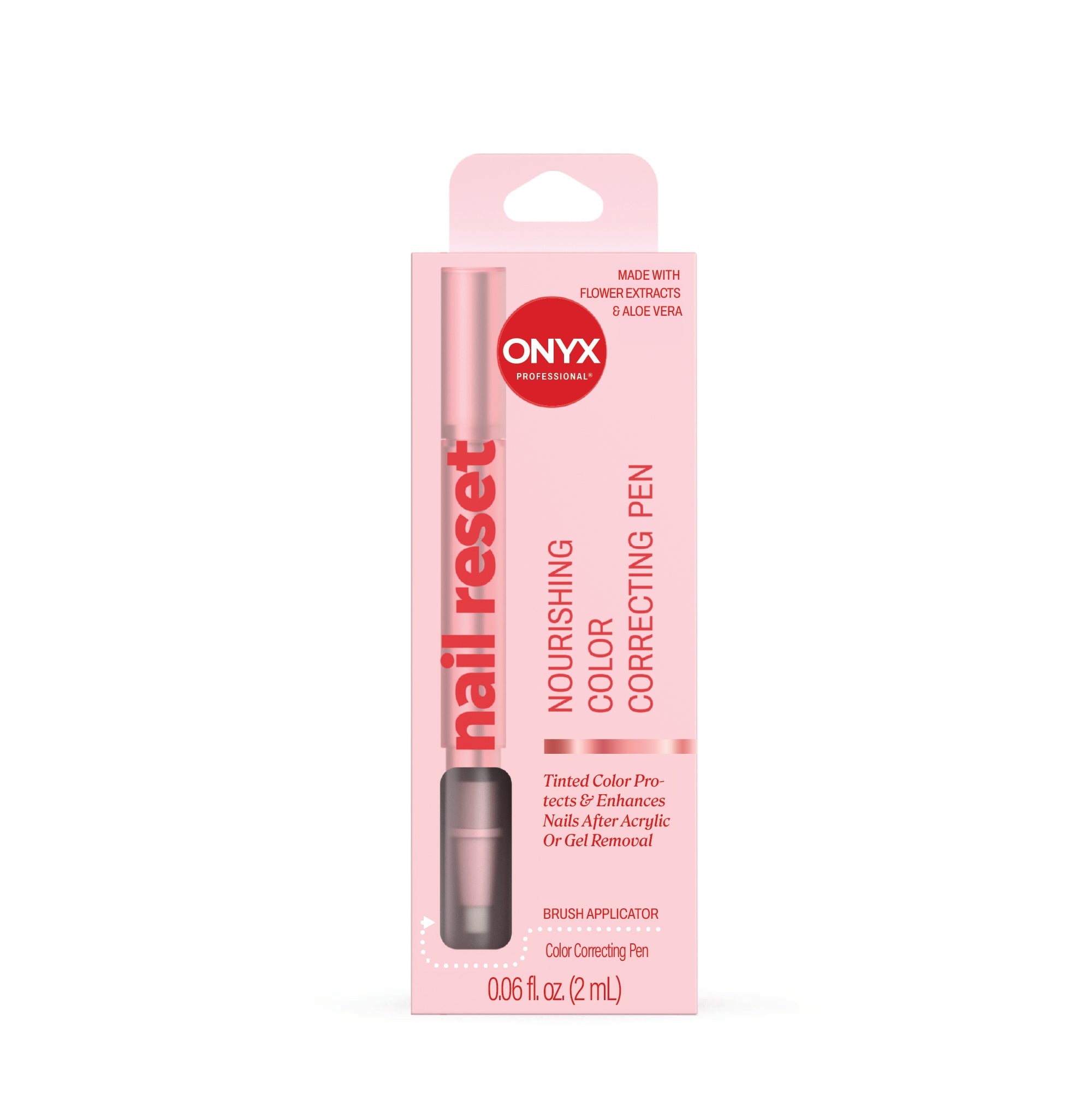 Pink packaging of ONYX nail reset color correcting pen on a white background