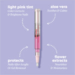 Nail care pen with callouts reading “light pink tint — color corrects & brightens nails,” “aloe vera — soothes & calms,” “protects nails after acrylic or gel removal,” and “flower extracts — nourishes & moisturizes.”