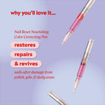 Nail Reset pen with header text “why you’ll love it…” and callouts reading “restores,” “repairs,” and “& revives” followed by “nails after damage from polish, gels, & daily wear.”