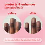Fingernails shown “before” and “after” use with header text “protects & enhances damaged nails” and note reading “One‑time use of Nail Reset, Bye‑ee Cuticles, & Hard as Hoof.”
