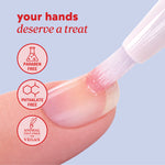 Nail care brush applying product to a fingernail with header text “your hands deserve a treat” and icons reading “paraben free,” “phthalate free,” and “animal test‑free vegan.”