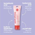 Pedi Please Quick Peeling Foot Mask tube centered on a lavender background with callouts for lactobionic acid, hyaluronic acid, a built‑in antimicrobial applicator, and an on/off dial.