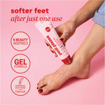 Person applying Onyx Professional Pedi Please Quick Peeling Foot Mask to the top of their foot on a pink background, with text highlighting K‑beauty inspiration, gel formula, and vegan, animal test‑free claims.

