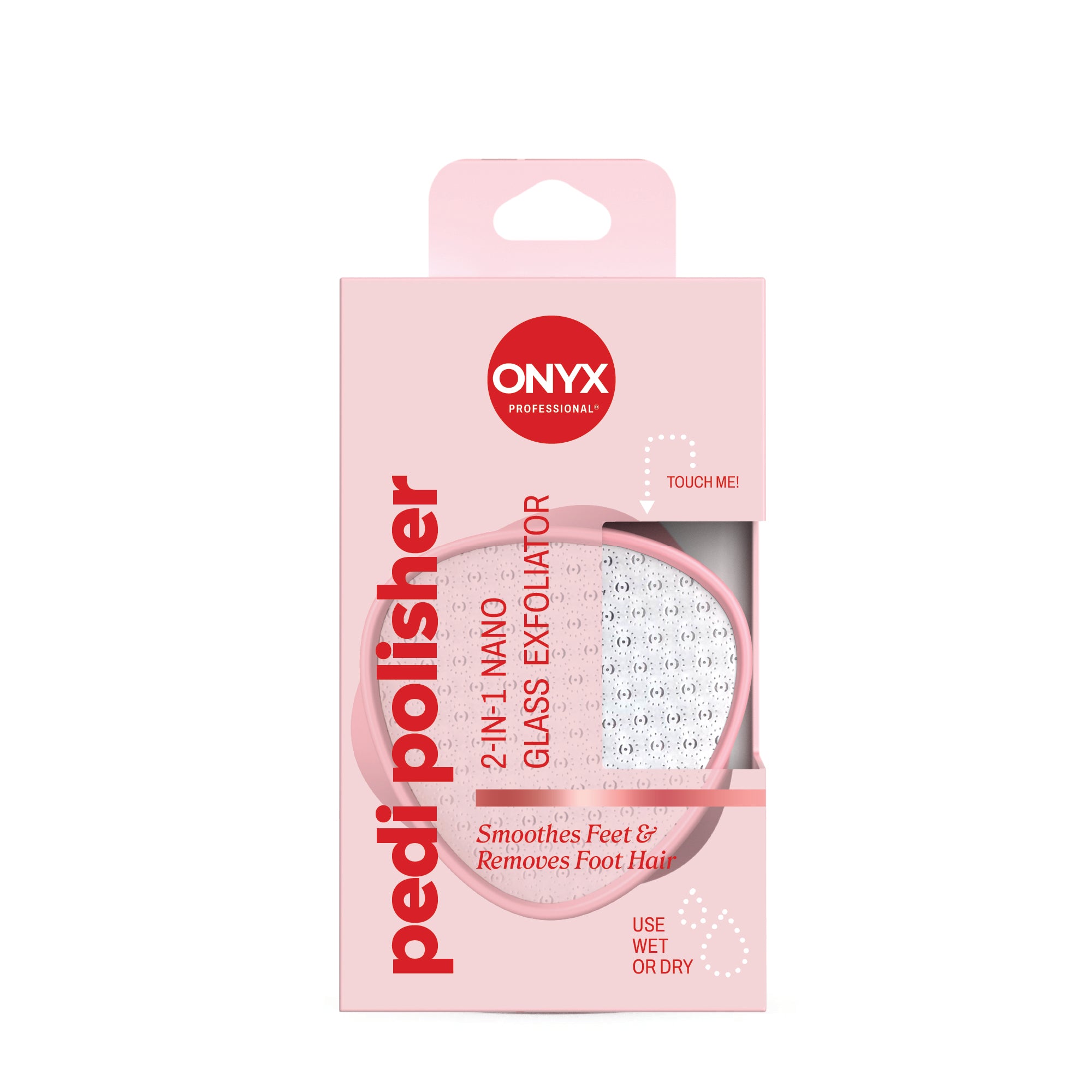Pink packaging of ONYX pedi polisher with text on a white background