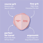 Pink oval‑shaped foot file shown on a lavender background with callouts labeling the coarse grit, fine grit, ergonomic design, and suitability for both wet and dry use.