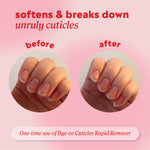 Side‑by‑side comparison of fingernails labeled ‘before’ and ‘after,’ showing cuticles appearing softer after one use of Bye‑ee Cuticles Rapid Remover