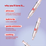 Graphic featuring the Onyx Professional Bye‑ee Cuticles pen repeated diagonally on a lavender gradient background. Text on the left lists product benefits, including all‑in‑one cuticle care, a built‑in tip for pushing cuticles back, gentle exfoliation that softens overgrown cuticles, and soothing oils that hydrate dry nails and cuticles.