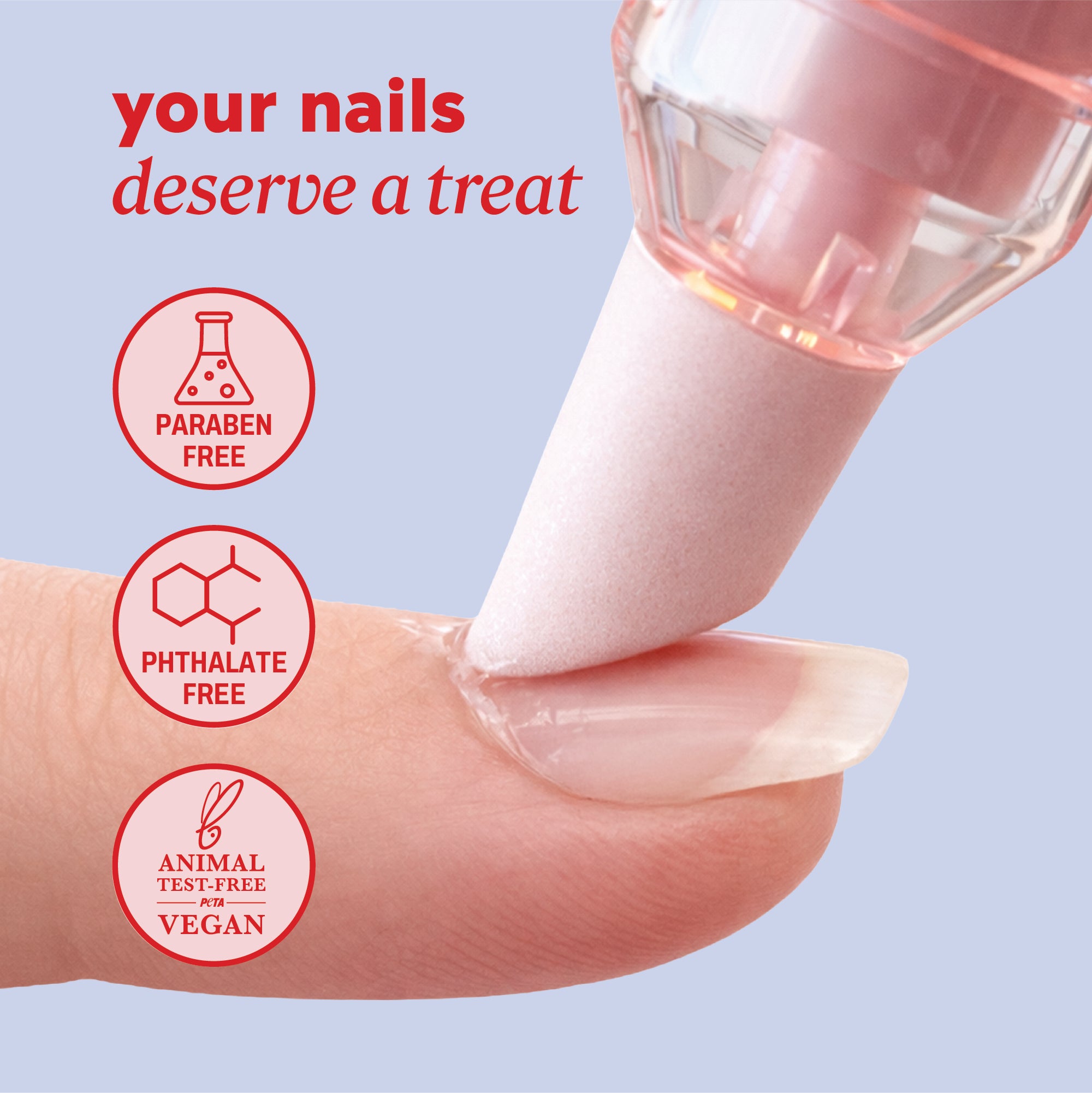 Close‑up of the cuticle‑pusher tip of the Onyx Professional Bye‑ee Cuticles pen pressing against a fingernail, with icons stating paraben‑free, phthalate‑free, and vegan.