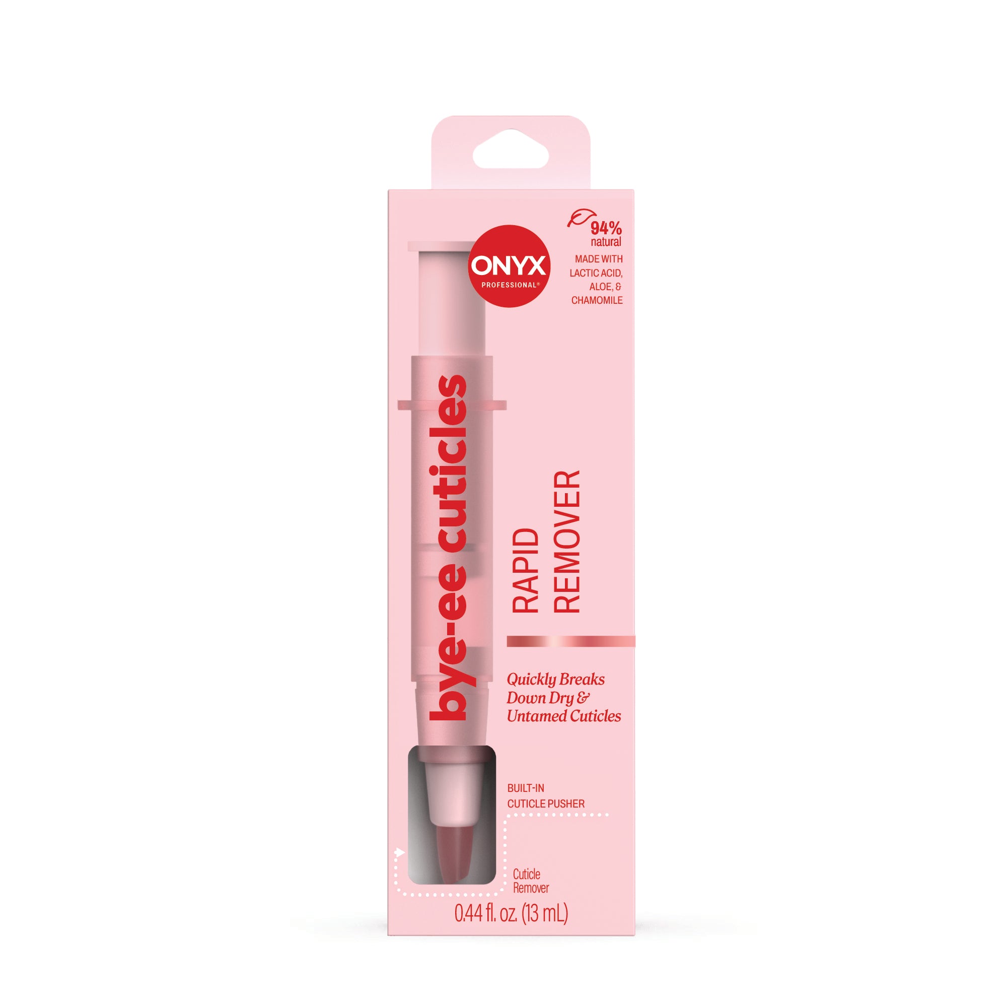 Pink packaging of 'bye-ee cuticles' rapid remover with ONYX branding on a white background.