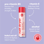  Nail dryer can with ingredient callouts reading “pro‑vitamin B5 — improves nail flexibility, strength, & shine,” “vitamin E — helps keep nails healthy & strong,” “alcohol — speeds up nail polish drying,” and “kukui nut oil — known to hydrate nails & cuticles,” plus badge “island coconut scented.”