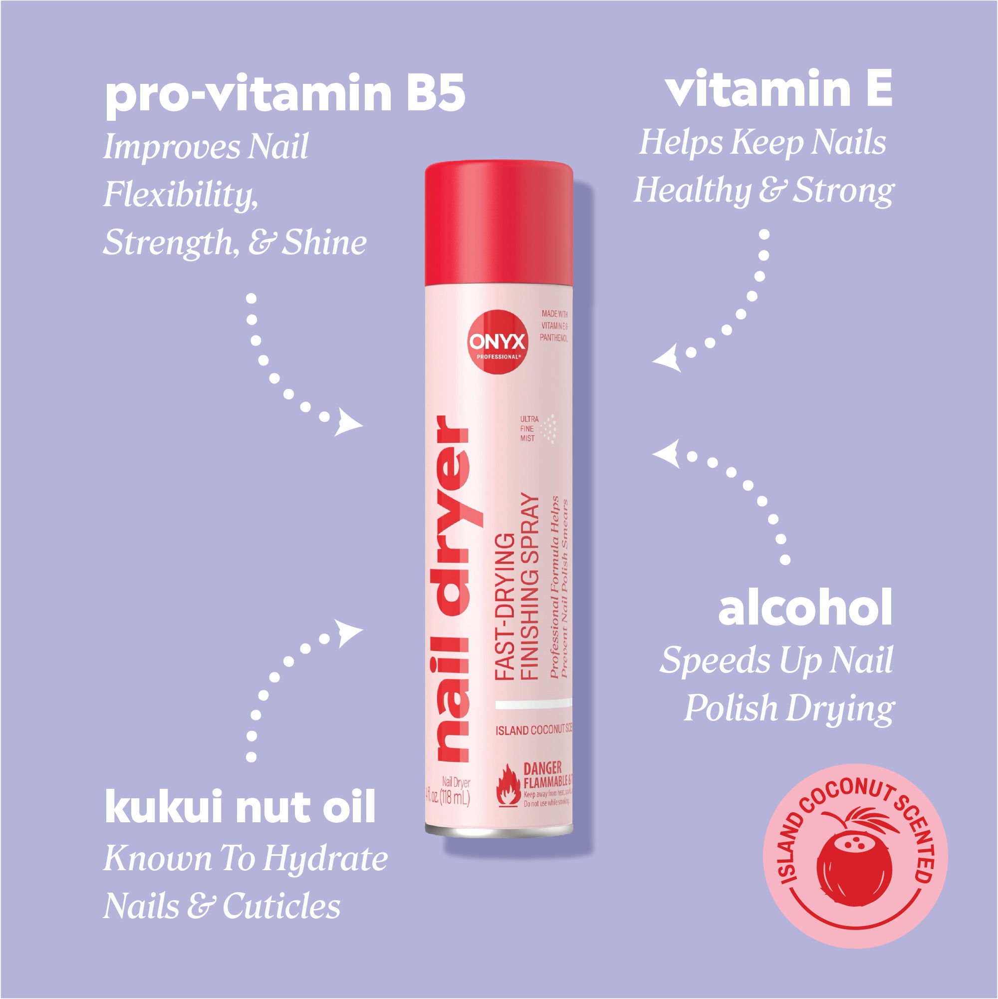  Nail dryer can with ingredient callouts reading “pro‑vitamin B5 — improves nail flexibility, strength, & shine,” “vitamin E — helps keep nails healthy & strong,” “alcohol — speeds up nail polish drying,” and “kukui nut oil — known to hydrate nails & cuticles,” plus badge “island coconut scented.”
