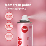 Nail dryer can spraying mist with header text “from fresh polish to smudge‑proof” and icons reading “ultra fine mist,” “fast drying,” and “mess‑free application.”
