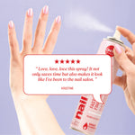 Hand being sprayed with nail dryer and review text reading “Love, love, love this spray! It not only saves time but also makes it look like I’ve been to the nail salon.” credited to Kristine.