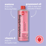 Moisturizing remover bottle with ingredient callouts reading “acetone — perfect for removing polish,” “grapeseed oil — helps to make nails smoother & shinier,” and “vitamin E — helps to strengthen nails,” plus badge “strawberry scented.”