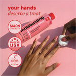 Cotton ball applying remover near the bottle with header text “your hands deserve a treat” and icons reading “salon strength,” “made in USA,” and “animal test‑free vegan.”