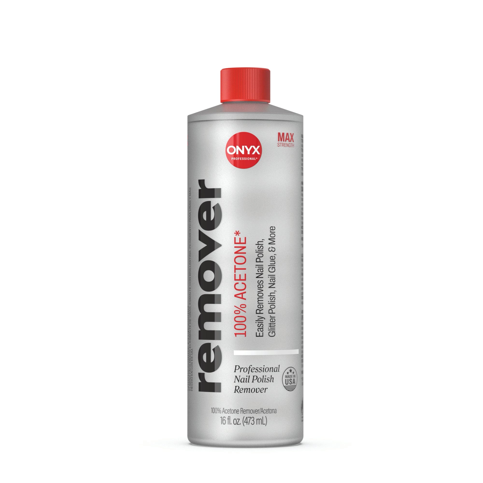 Onyx 100% Acetone nail polish remover bottle on a white background