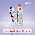 Two bottles of ONYX Professional nail polish remover with a purple gradient background. A diagram that explains packaging change that says, "new look, same formula."