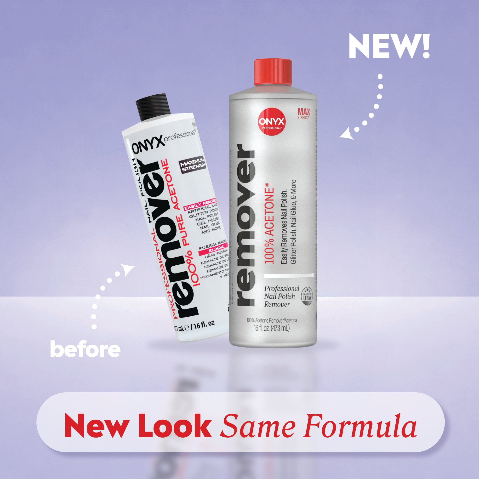 Two bottles of ONYX Professional nail polish remover with a purple gradient background. A diagram that explains packaging change that says, "new look, same formula."