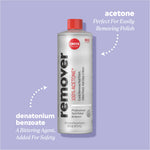 Diagram explaining product benefits. "acetone to remove polish" and "denatonium benzoate, a bittering agent for added safety" with an Onyx nail polish remover bottle with text on a purple background. 