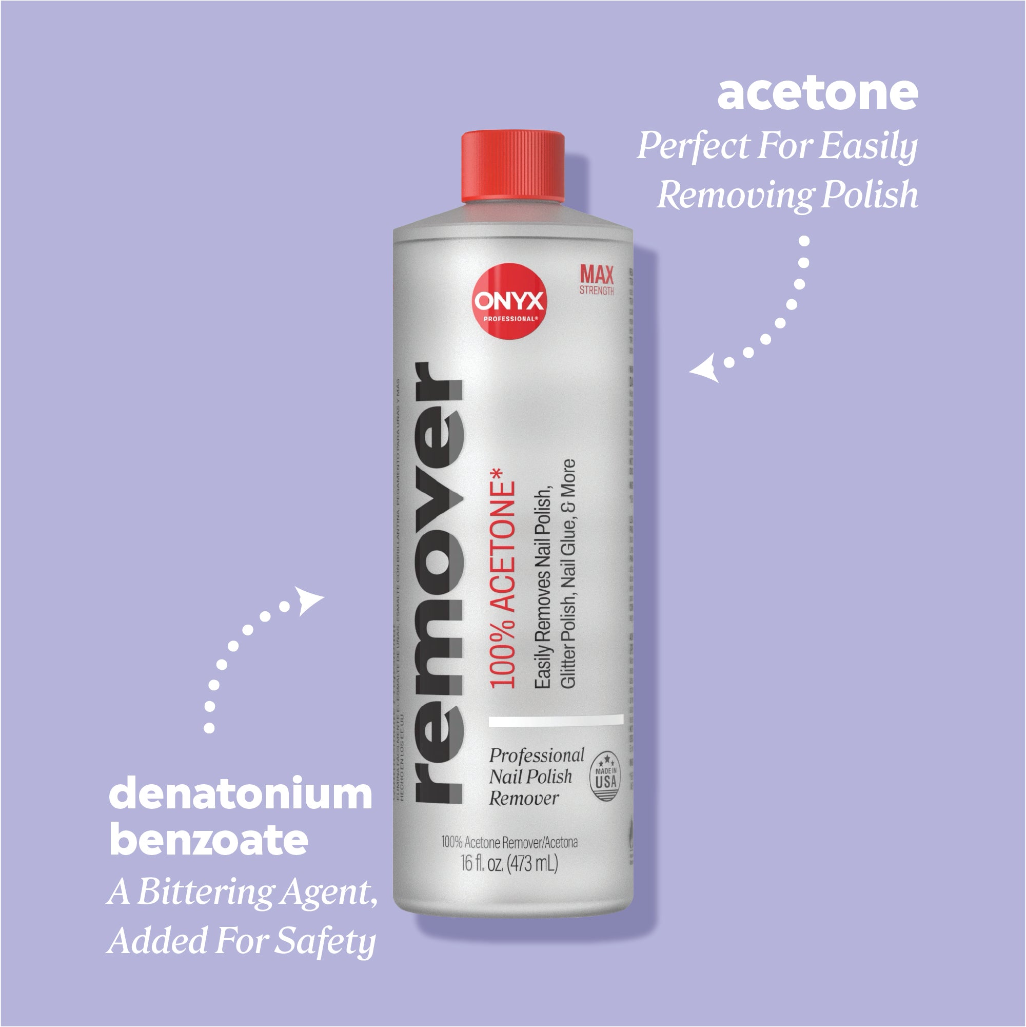 Diagram explaining product benefits. "acetone to remove polish" and "denatonium benzoate, a bittering agent for added safety" with an Onyx nail polish remover bottle with text on a purple background. 