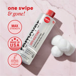 Diagram that reads "one swipe & gone." With icons that read, "max strength, made in USA and animal test-free, vegan with Onyx nail polish remover bottle with sponges on a pink background.