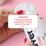 Person holding a nail polish remover with a five-star review on a pink background. Review reads, "This takes polish off perfectly! It's the best remover I've used."