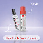 Old and new 100% acetone remover bottles with labels “before,” “NEW!,” and “New Look Same Formula.”