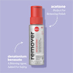 Acetone remover bottle with callouts reading “denatonium benzoate — a bittering agent, added for safety” and “mini size — perfect for travel.”