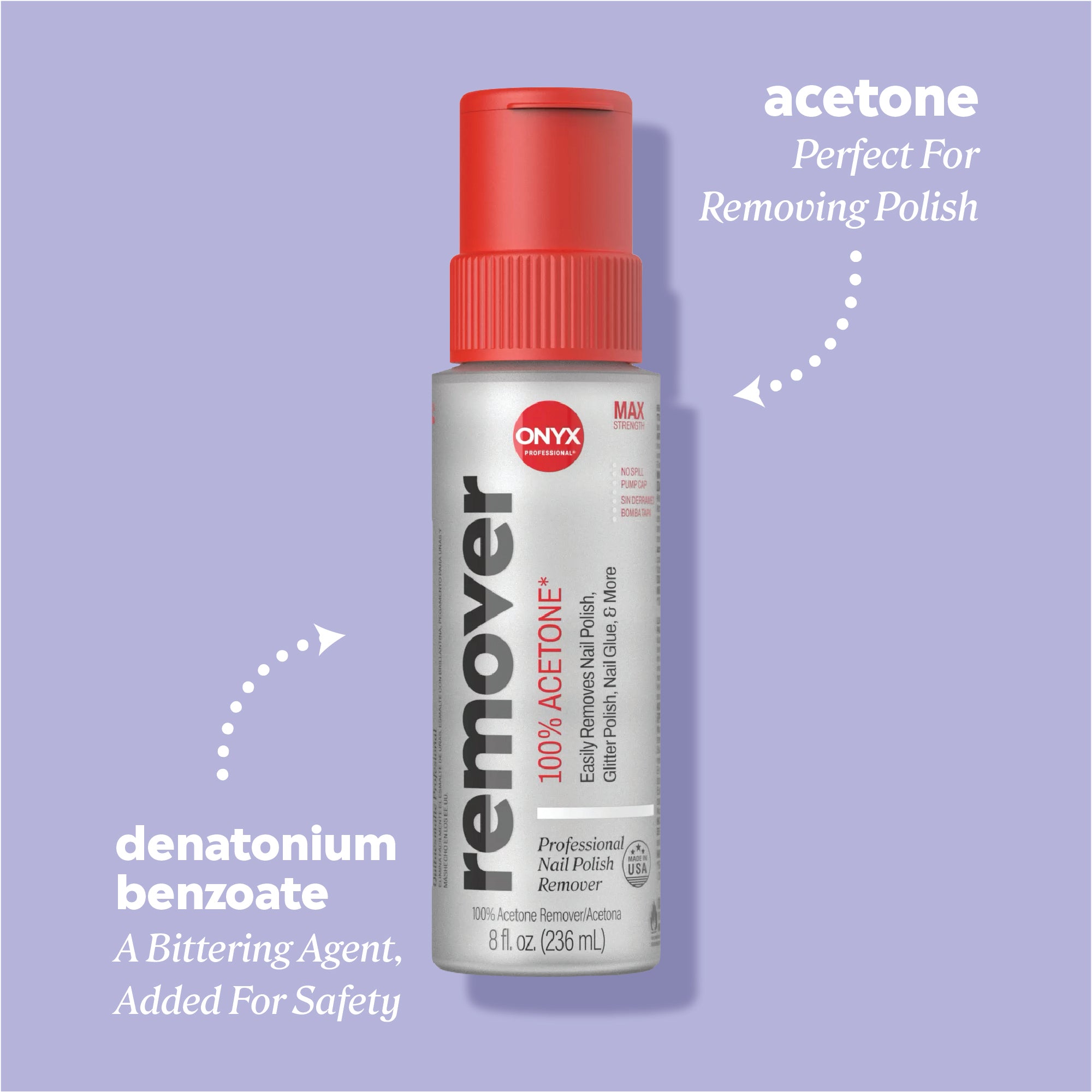 Acetone remover bottle with callouts reading “denatonium benzoate — a bittering agent, added for safety” and “mini size — perfect for travel.”