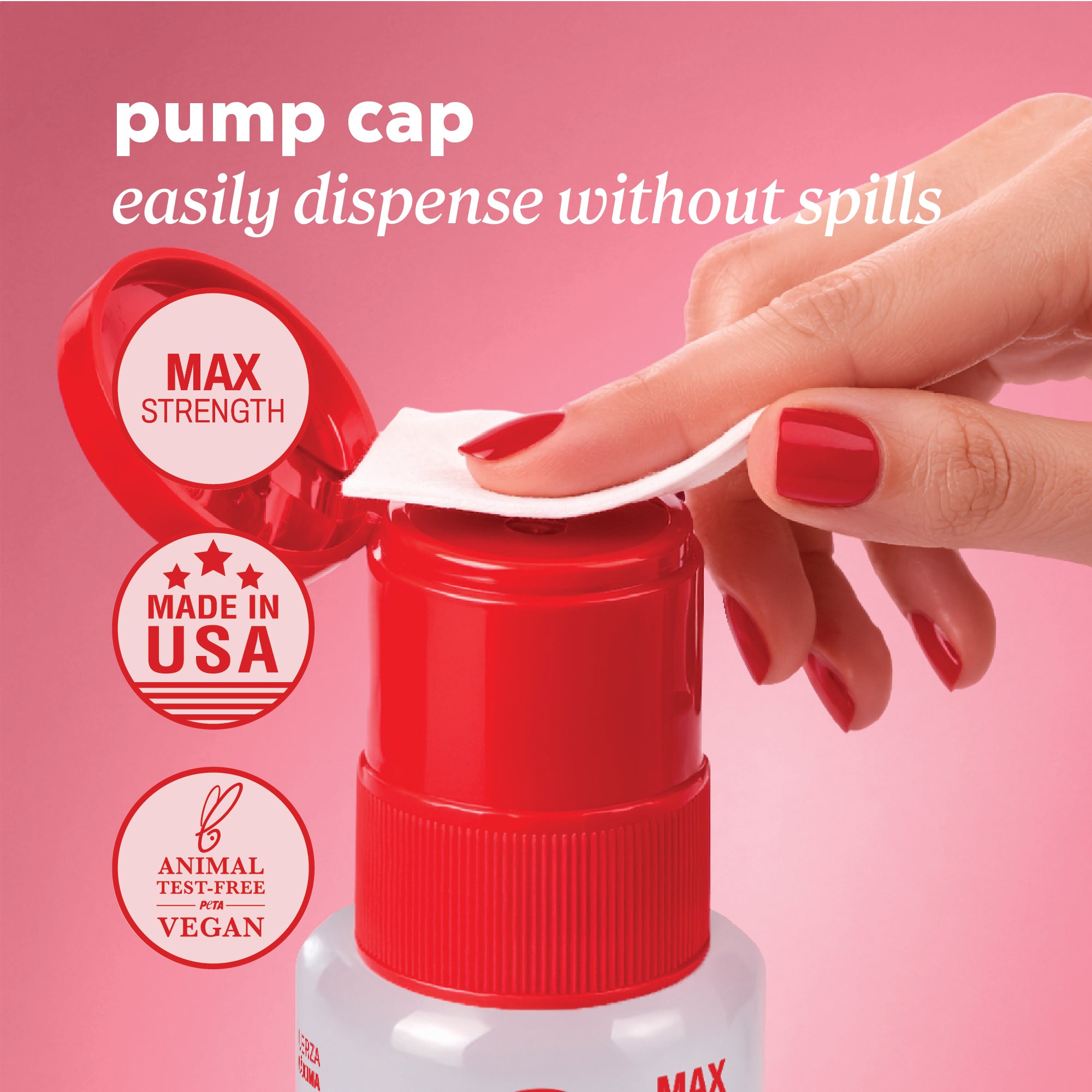 100% acetone remover bottle with header text “one swipe & gone” and icons reading “max strength,” “made in USA,” and “animal test‑free vegan.”