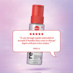 Acetone remover bottle on a textured background with review text reading “This takes your nail polish off in seconds!” credited to Daniella.