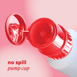 Close‑up of the open pump cap with header text “no spill pump cap.”