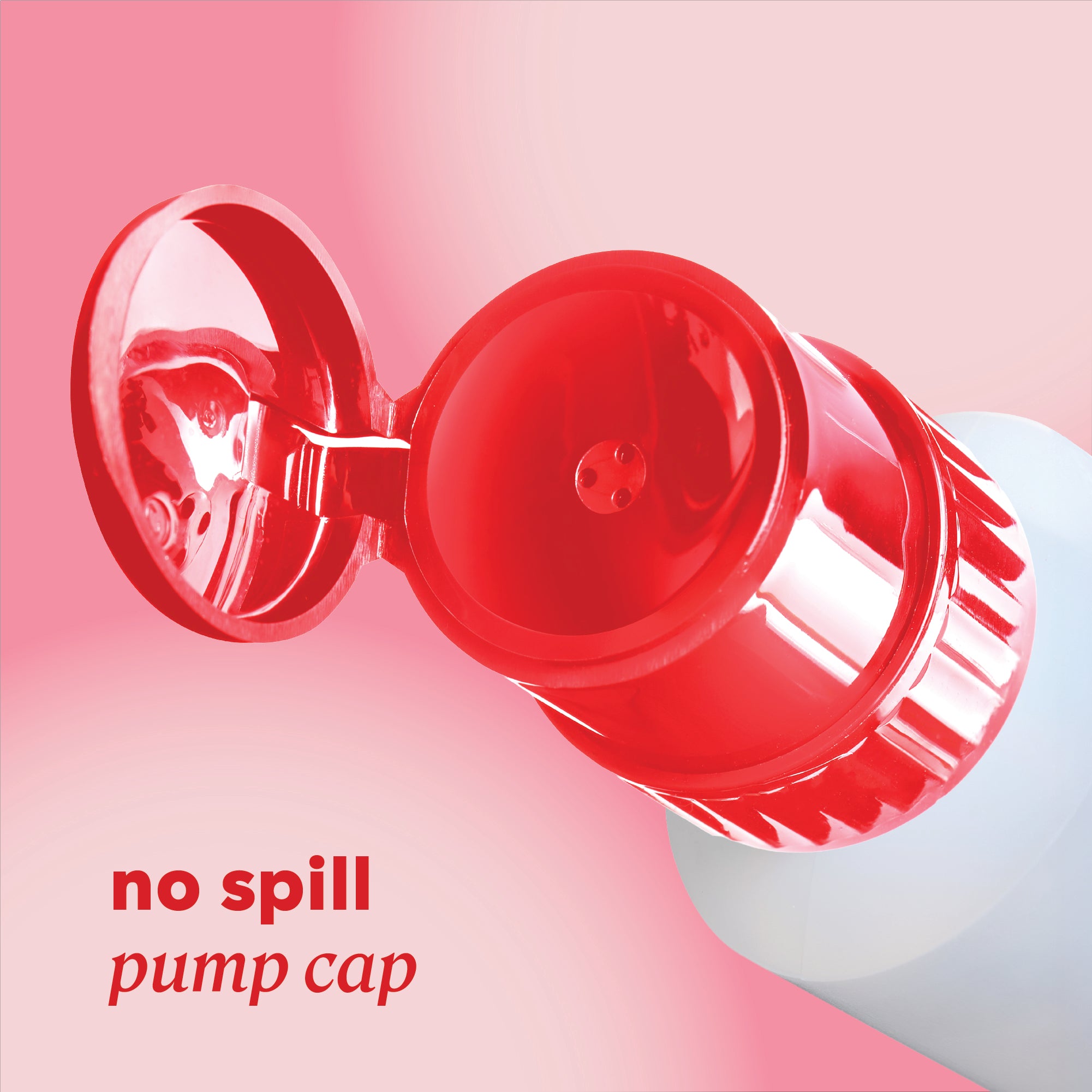 Close‑up of the open pump cap with header text “no spill pump cap.”