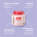 Acetone remover jar with callouts reading “built‑in scrubber — for quick & easy removal,” “acetone — perfect for removing polish,” “compact jar — great for removing polish on the go,” and “denatonium benzoate — a bittering agent, added for safety.”
