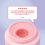 Review text reading “I’ve tried everything to remove dipped nail polish. This took it right off because of the built‑in scrubber.” credited to Karen.