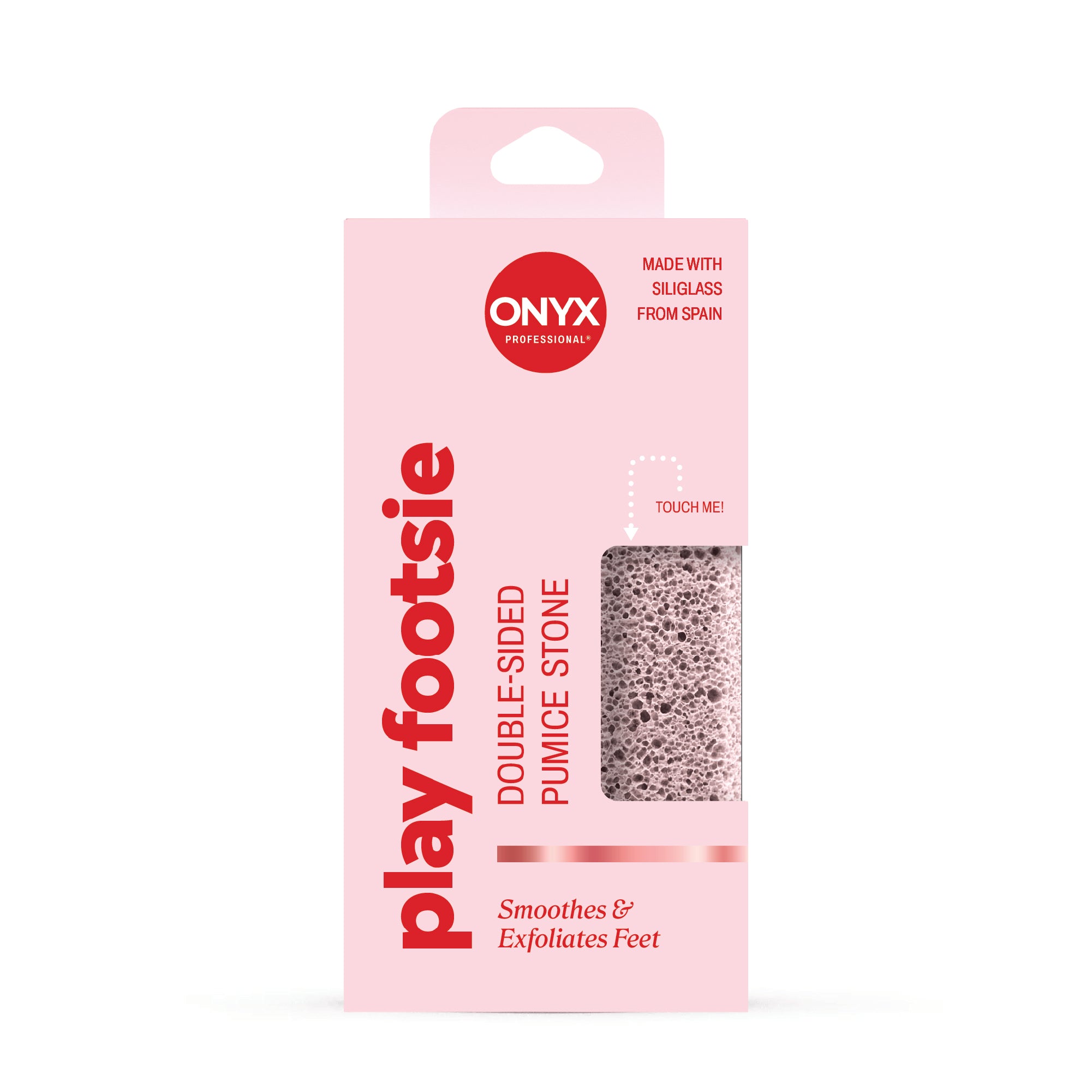 Pink packaging of ONYX play footsie double-sided pumice stone on a white background