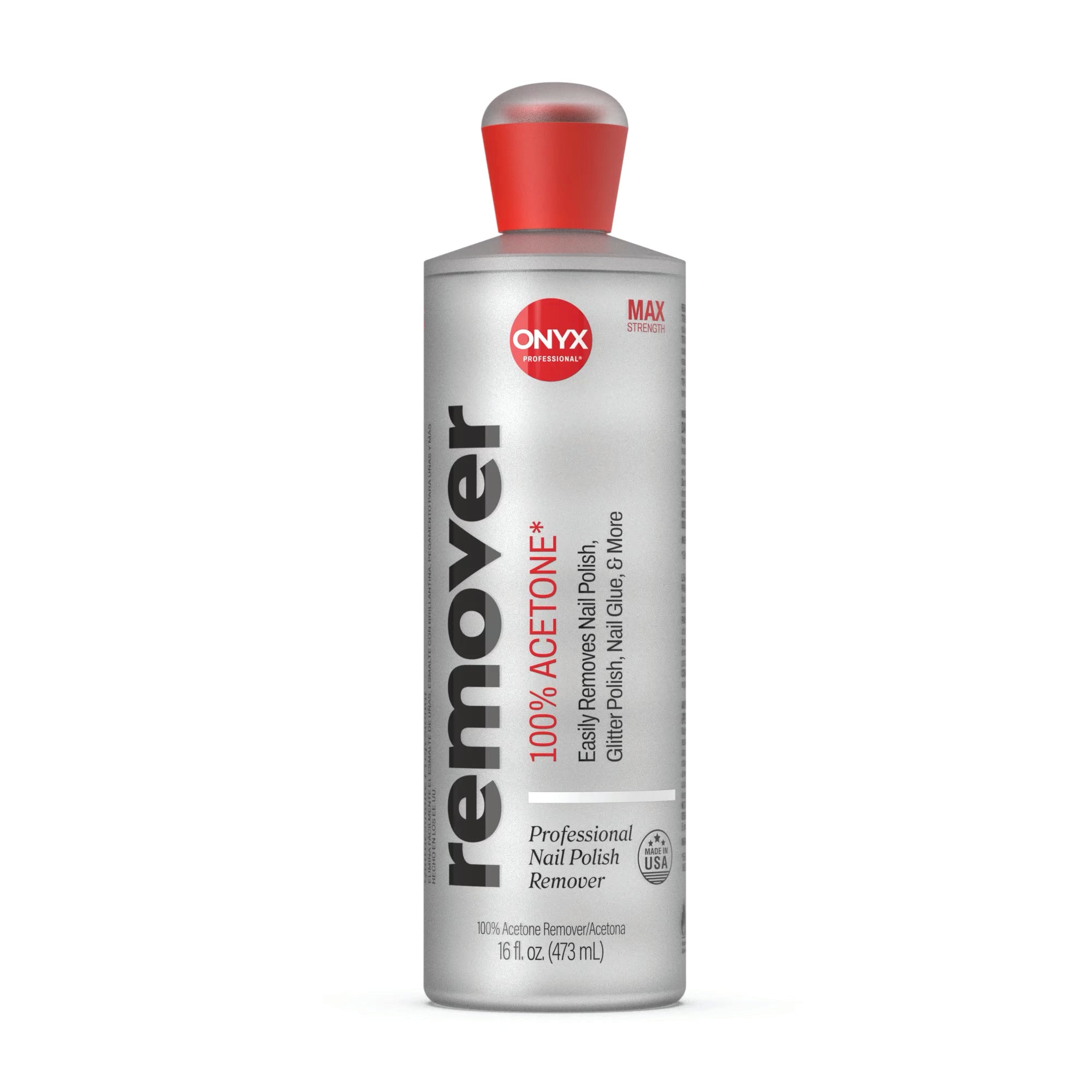  100% acetone professional nail polish remover bottle on a white background.