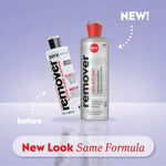 Old and new acetone remover bottles with labels “before,” “NEW!,” and “New Look Same Formula.”