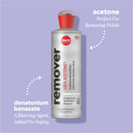 Acetone remover bottle with callouts reading “denatonium benzoate — a bittering agent, added for safety” and “acetone — perfect for removing polish.”